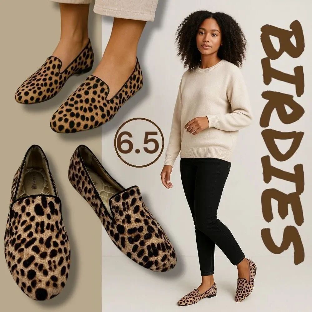 Birdies Women's The Starling Smoking Leopard Loafer Flat Shoes Tan Black Sz 6.5